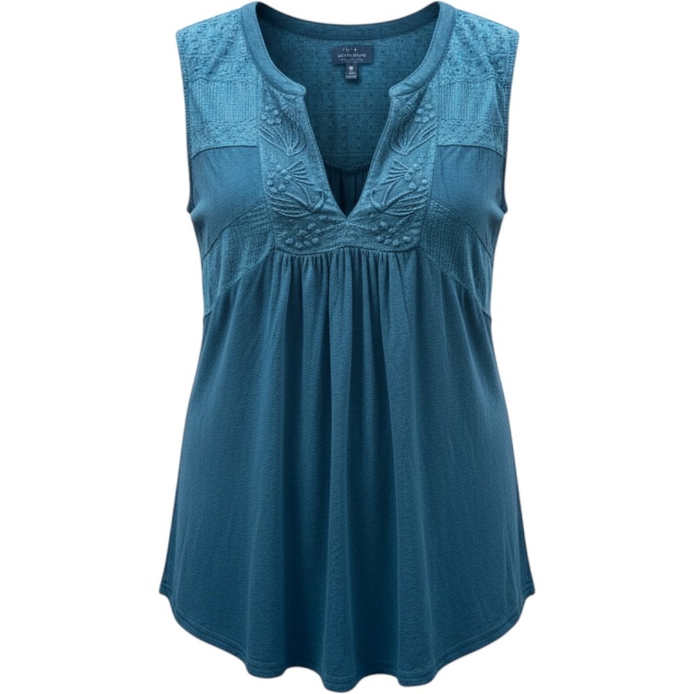 Lucky Brand Teal Embroidered Eyelet Sleeveless Boho Top 2X